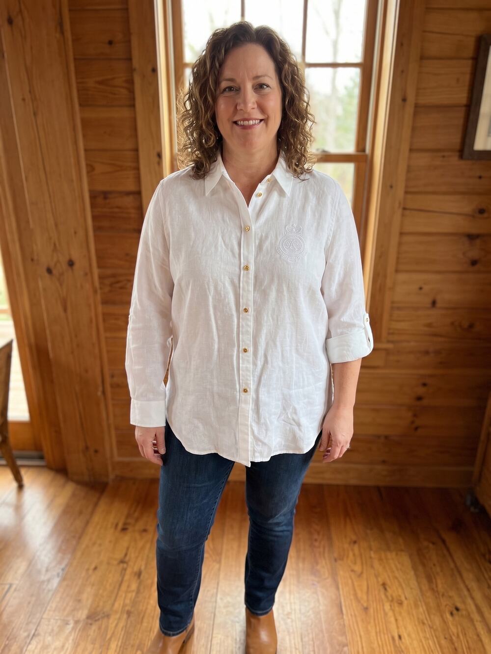 Lauren Ralph Lauren White 100% Linen Shirt Womens XL Embroidered Crest